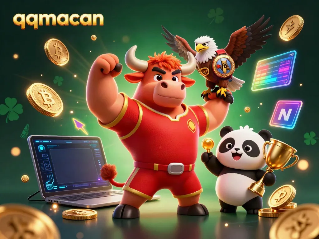 Join the excitement in qqmacan with a victory pose from the sporty bull mascot and gaming tokens surrounding.