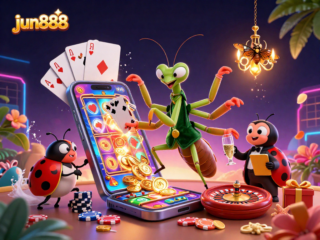 Experience wining thrills at jun888 with captivating casino characters in a vibrant gaming scene.