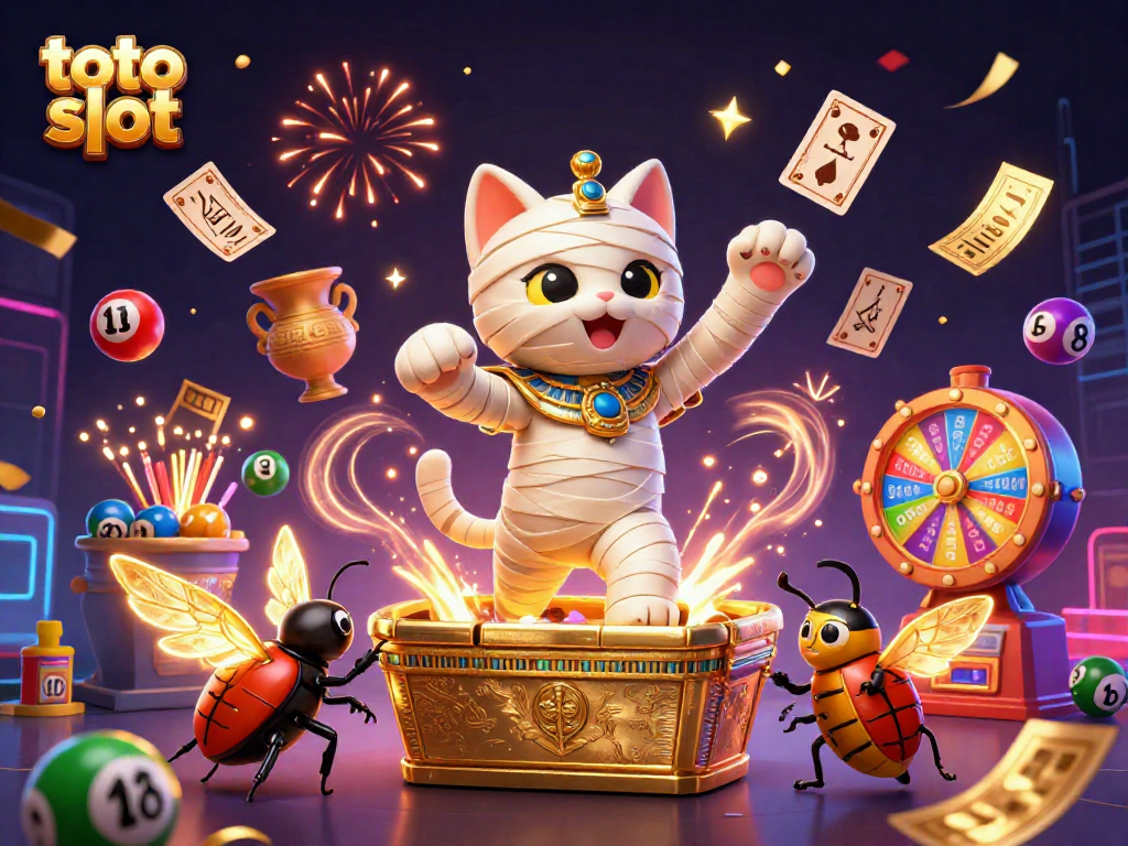 Menangkan permainan toto slot dengan ilustrasi kucing mumi Mesir dan elemen kasino yang dinamis.