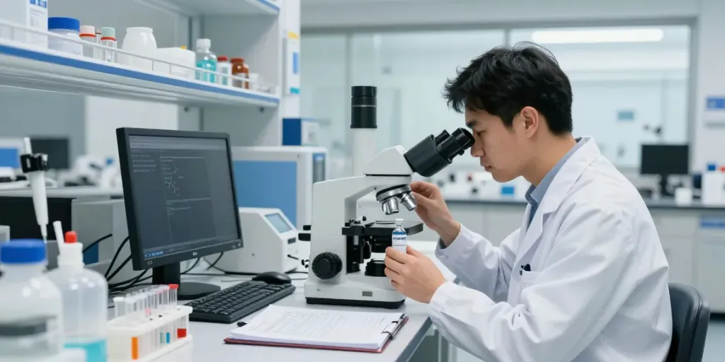 Researcher analyzing SEMAX/SELANK blend in a modern laboratory setting with scientific instruments.