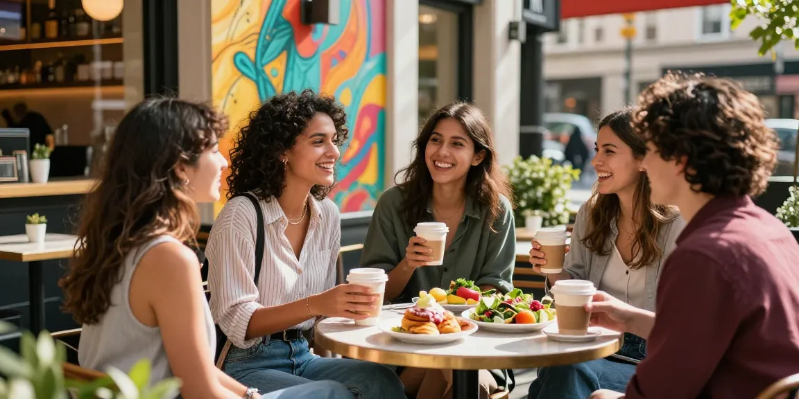 Gái gọi vui vẻ cùng bạn bè ngoài quán café trong ánh nắng ấm áp