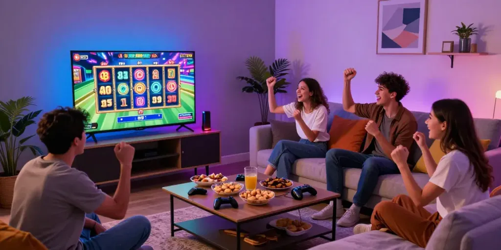 Friends enjoying exciting bigdewa online gaming session in a cozy living room.