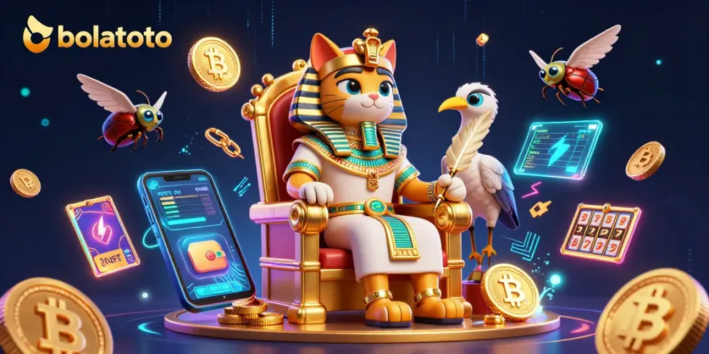 Engage with bolatoto’s thrilling jackpot experience illustrated by a vibrant 3D scene of an Egyptian pharaoh cat.