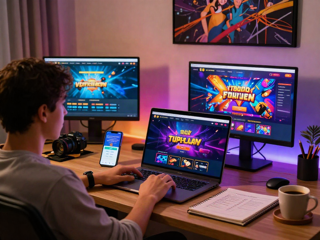 Engaging with bandar togel online on a modern laptop at a stylish desk, showcasing gaming excitement.