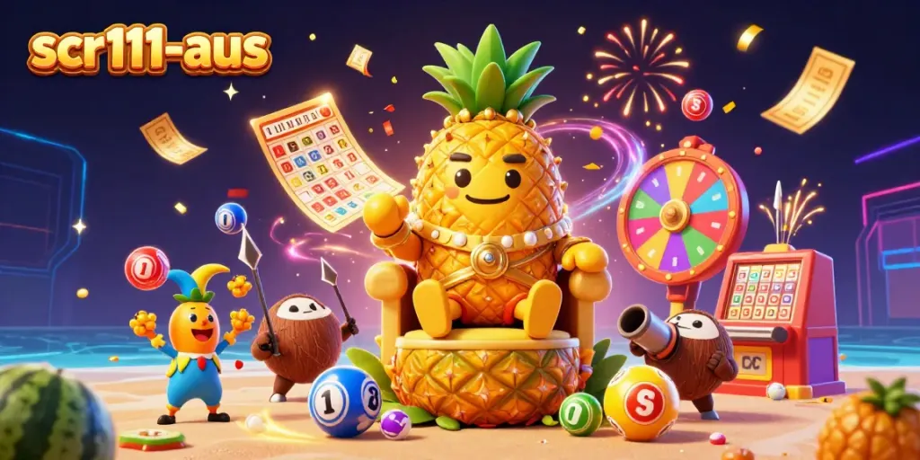 Engage with scr111-aus at a vibrant beach casino featuring a golden pineapple king and tropical characters.