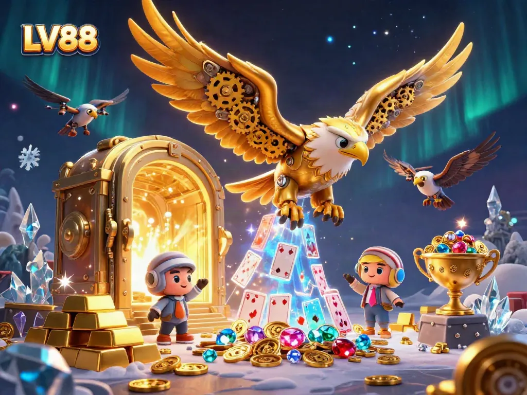 Experience the excitement of LV88 gaming with a captivating 3D illustration depicting treasure, cards, and vibrant casino elements.