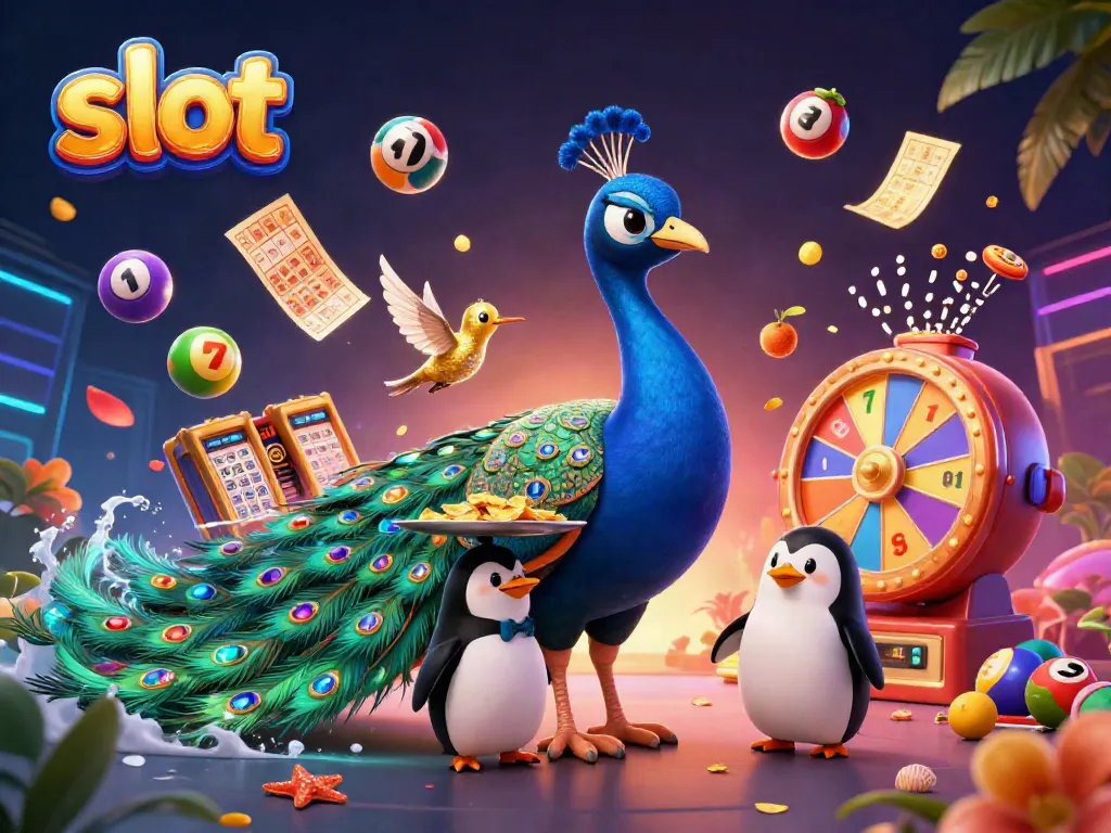 Mesin slot berwarna-warni dengan karakter 3D burung merak dan penguin, mewakili dunia perjudian yang menghibur.