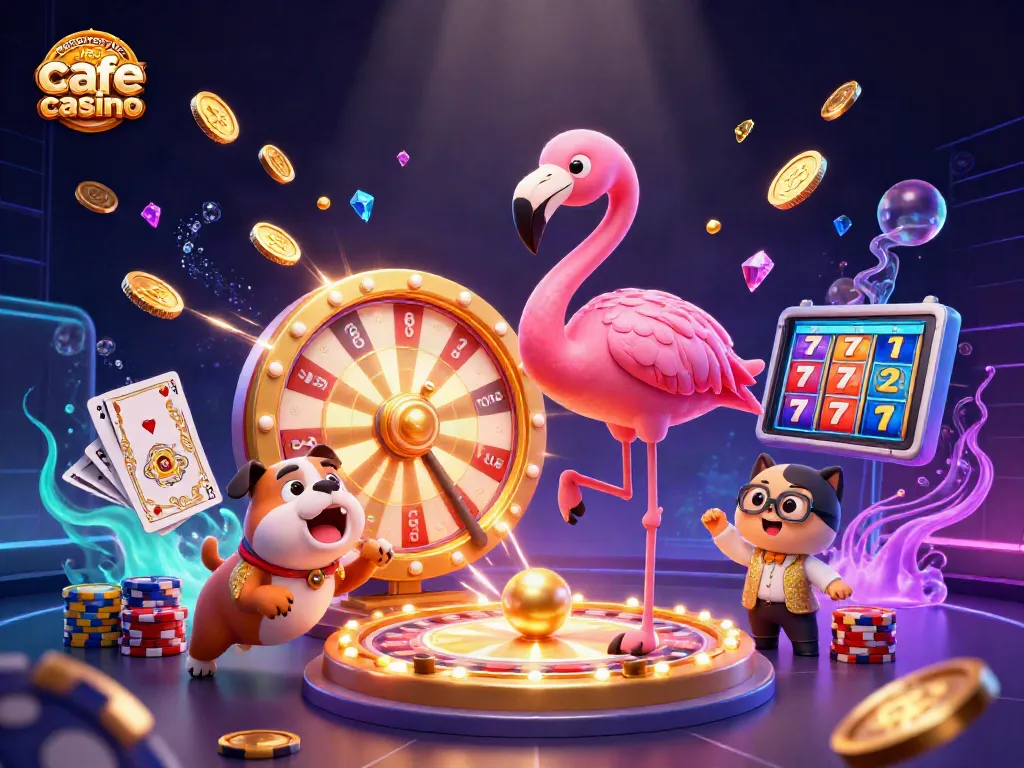 Exciting moment at a gaming showcase with websites like Cafe Casino offering prizes and fun gaming elements.