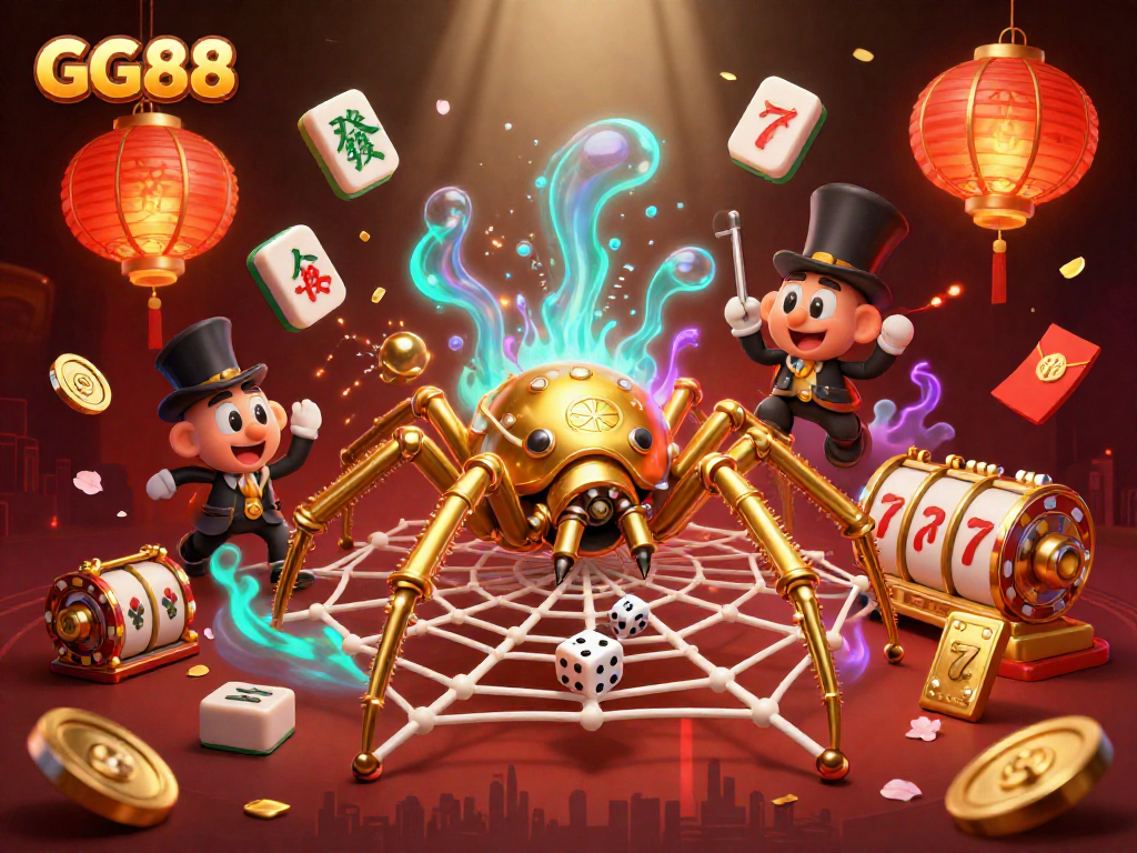 Engage in thrilling gameplay with GG88, featuring a steampunk spider and dynamic casino elements.