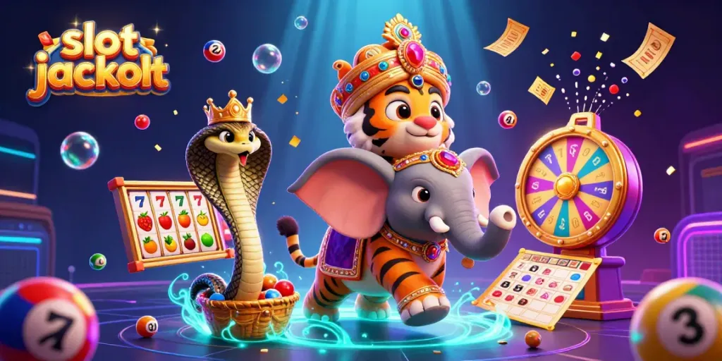 Experience the thrill of slot jackpot in a vibrant casino scene with lucky symbols and dynamic characters.