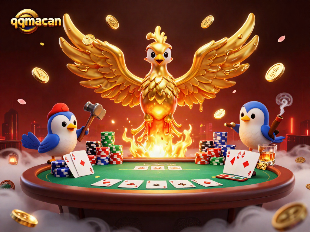 Engage with the vibrant qqmacan scene of golden phoenixes soaring amidst poker tables and chips.