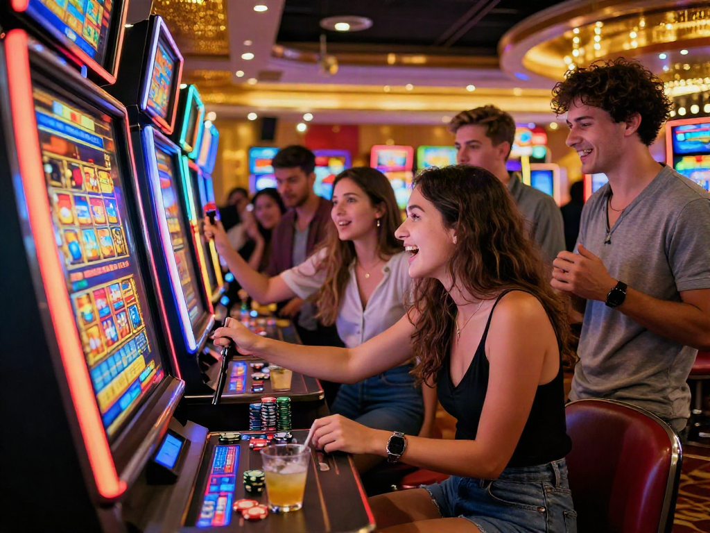 Exciting bandar slot experience with friends at a casino, bright lights, and joyful expressions.