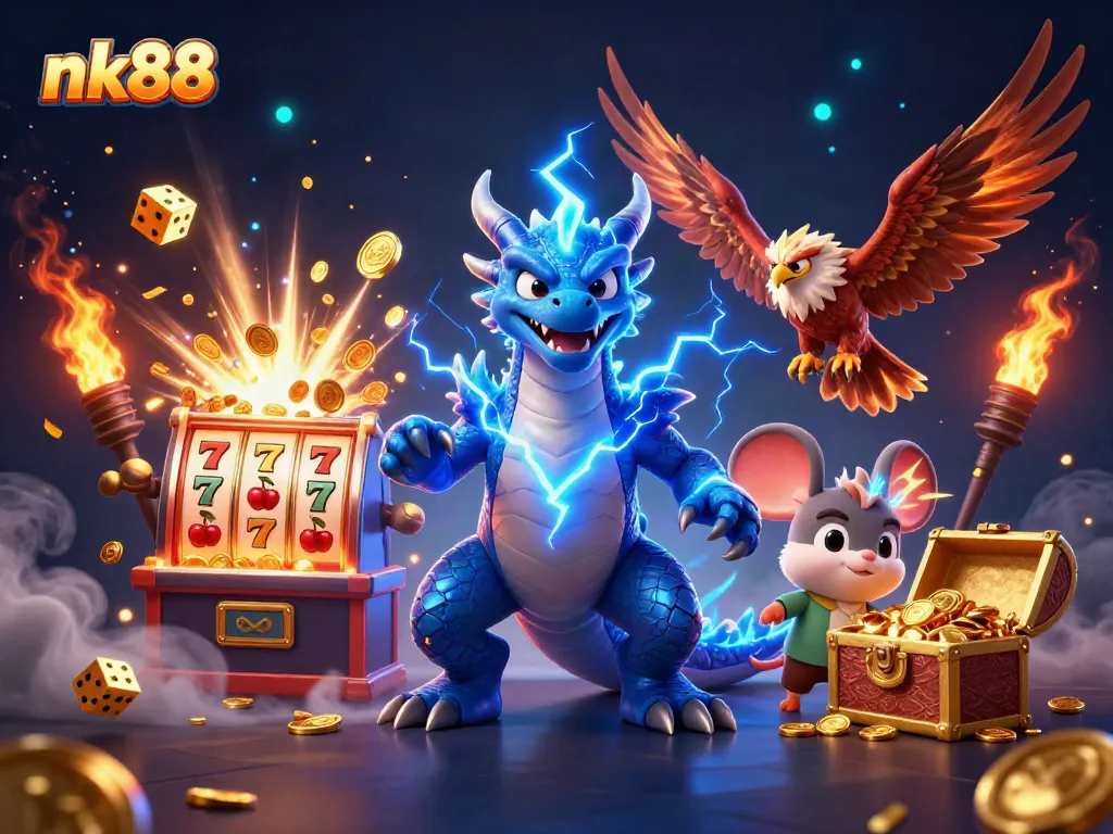 nk88 showcases a dynamic casino scene, featuring rich 3D characters and vibrant game elements.