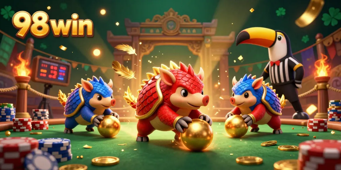 Win big with 98 win as pangolins roll golden balls in a lively casino scene filled with poker chips.