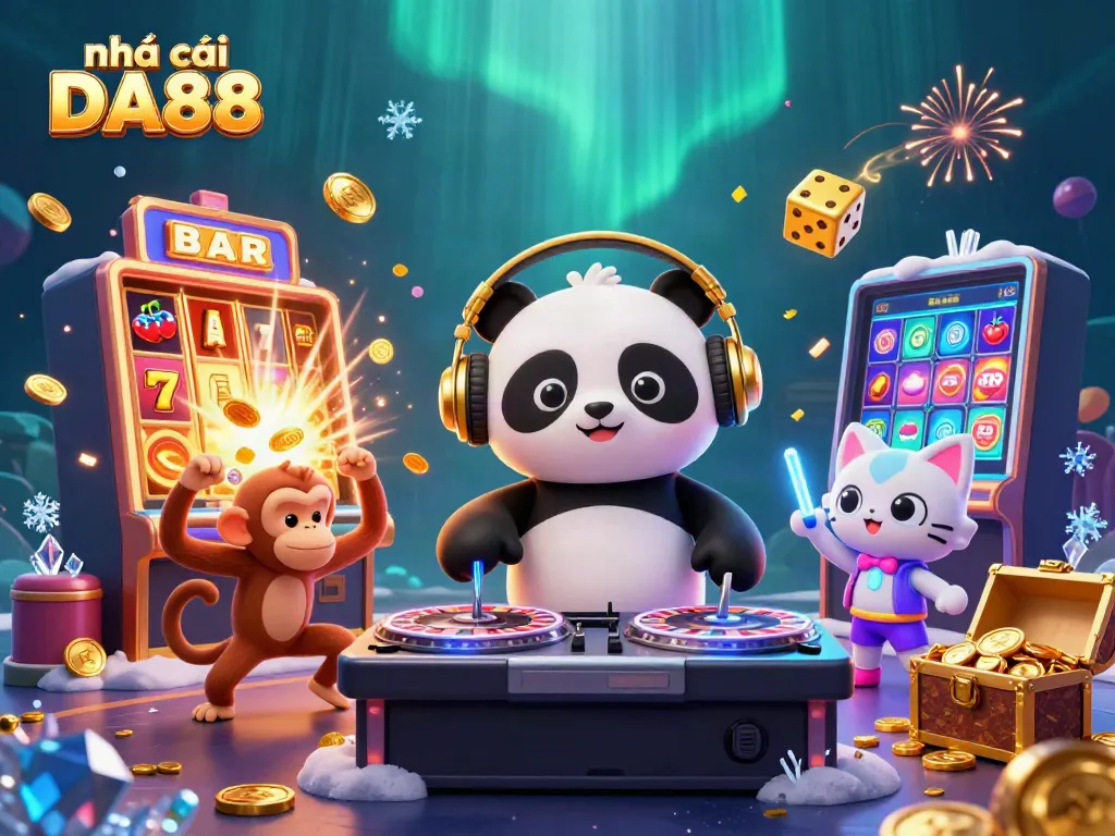 Experience the excitement of nhà cái DA88 with a DJ panda, dancing monkey, and rave kitten in a vibrant casino scene.