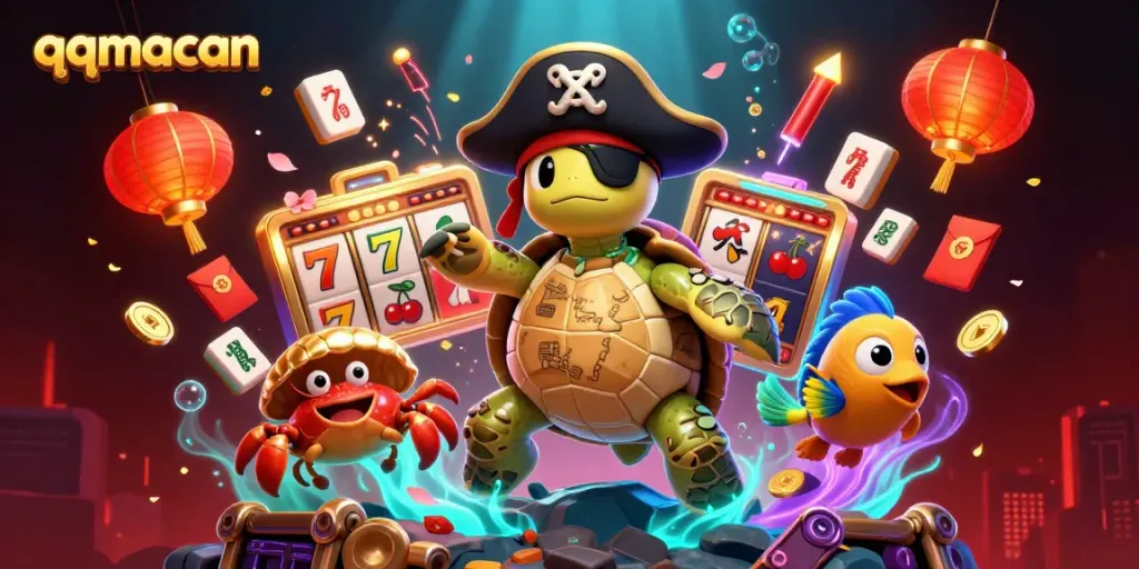 Engaging illustration of the qqmacan theme with a pirate turtle and a treasure map alongside slot reel elements.