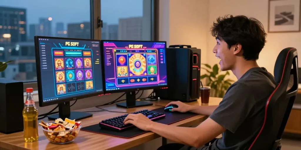 Excited player enjoying PG SOFT slots on a desktop, showcasing slot server thailand experience.