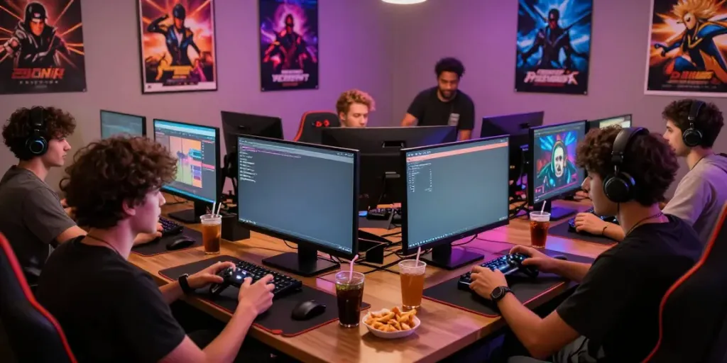 Group of friends enjoying game online session in dynamic gaming lounge atmosphere.