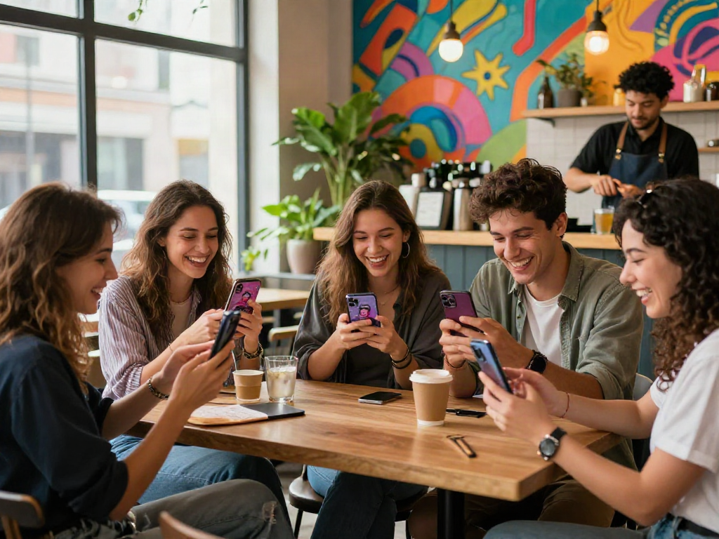 Friends enjoying the "celebrity i look like" app in a trendy café.