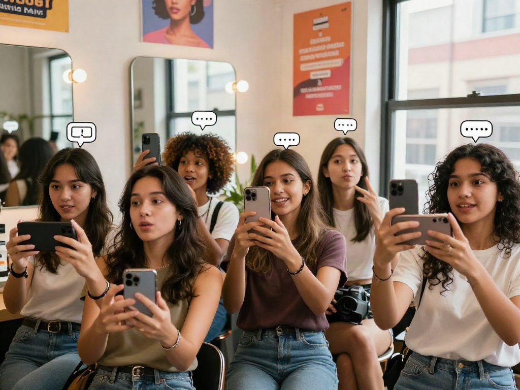 Group of diverse friends taking selfies for an attractiveness test in a vibrant studio.