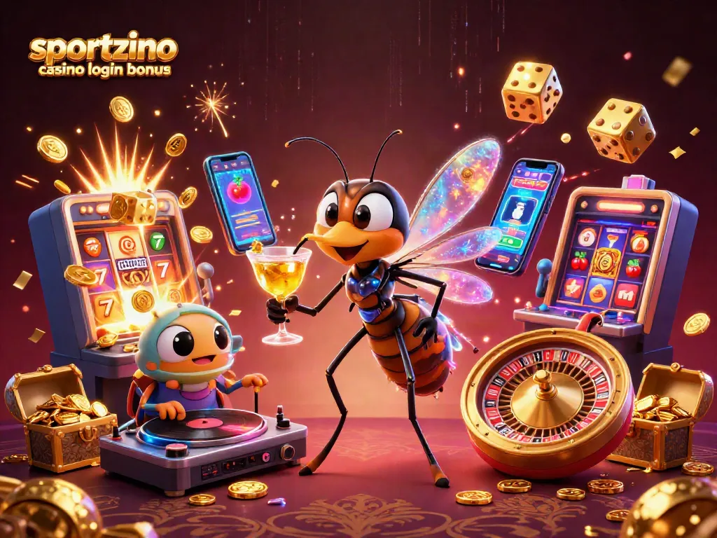 Spin and win with the sportzino casino login bonus featuring vibrant characters and exciting casino elements.