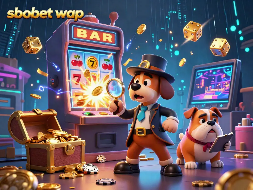Engage in sbobet wap mobile betting with a vibrant detective scene featuring a cartoon bloodhound and overflowing casino elements.