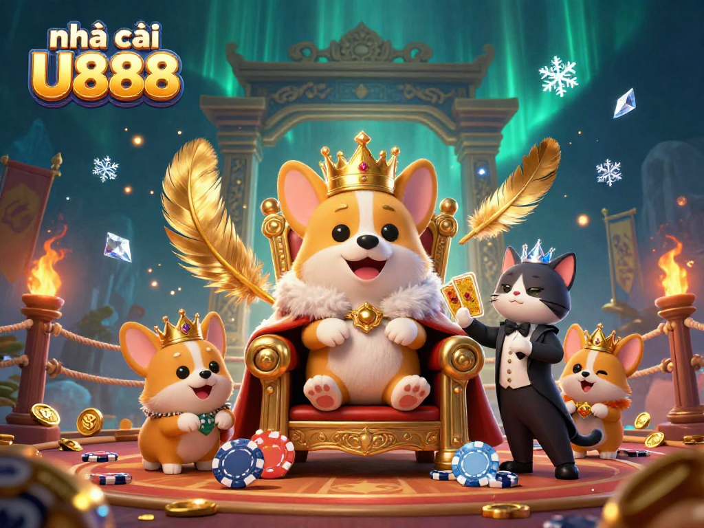 Experience the excitement with nhà cái U888, featuring royal corgi characters in a vibrant 3D casino scene.