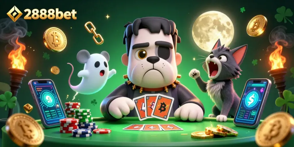 Engage in thrilling gameplay with 2888bet, featuring unique casino characters and vibrant crypto elements.