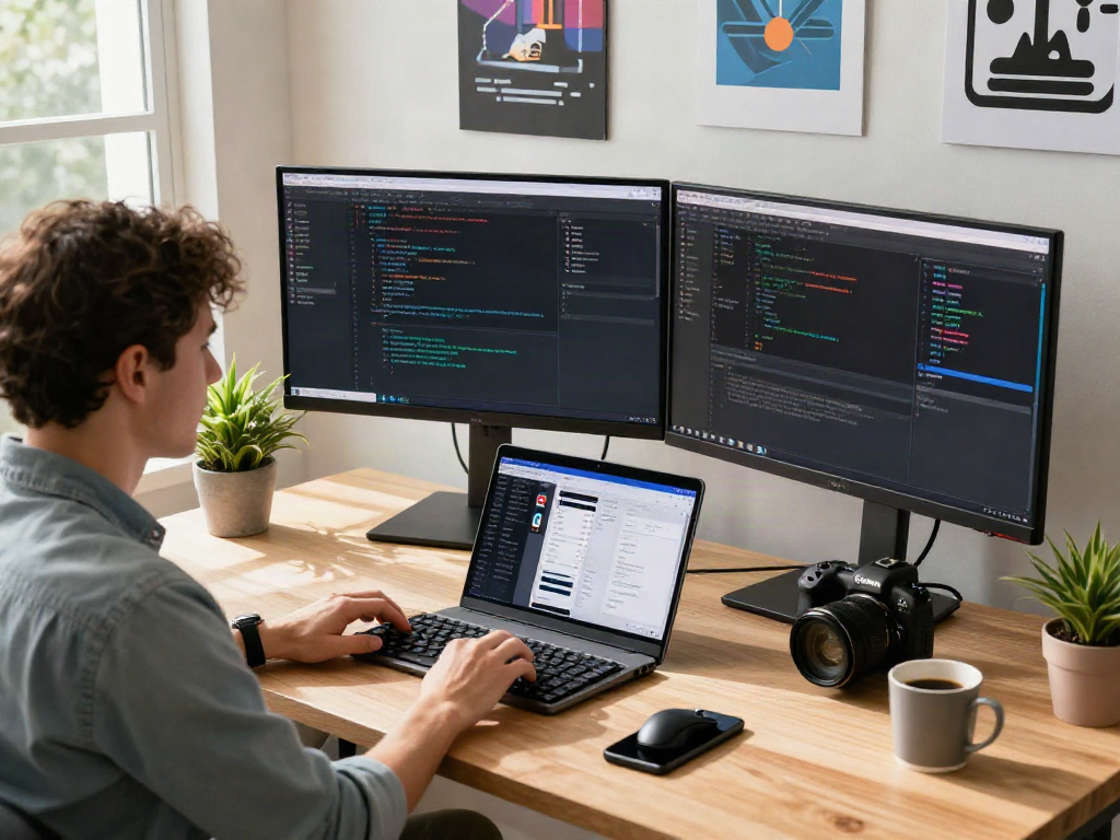 Workspace modern dengan developer menggunakan teknologi, fokus pada 快连 dan inovasi di bidang perangkat lunak.