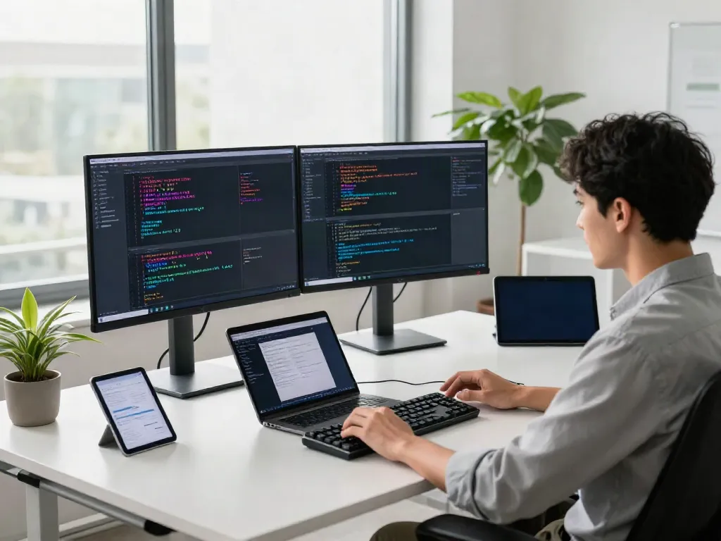 Developer utilizing a unified LLM API in a modern tech workspace.