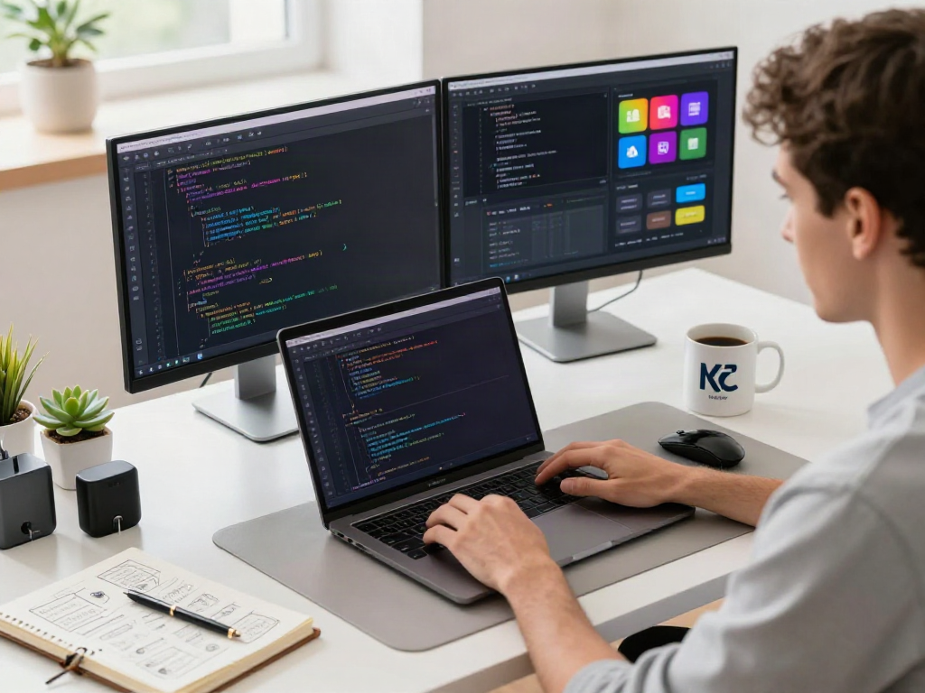 Coding workspace featuring the cocoflix apk app on dual monitors with a young professional actively engaged in development.
