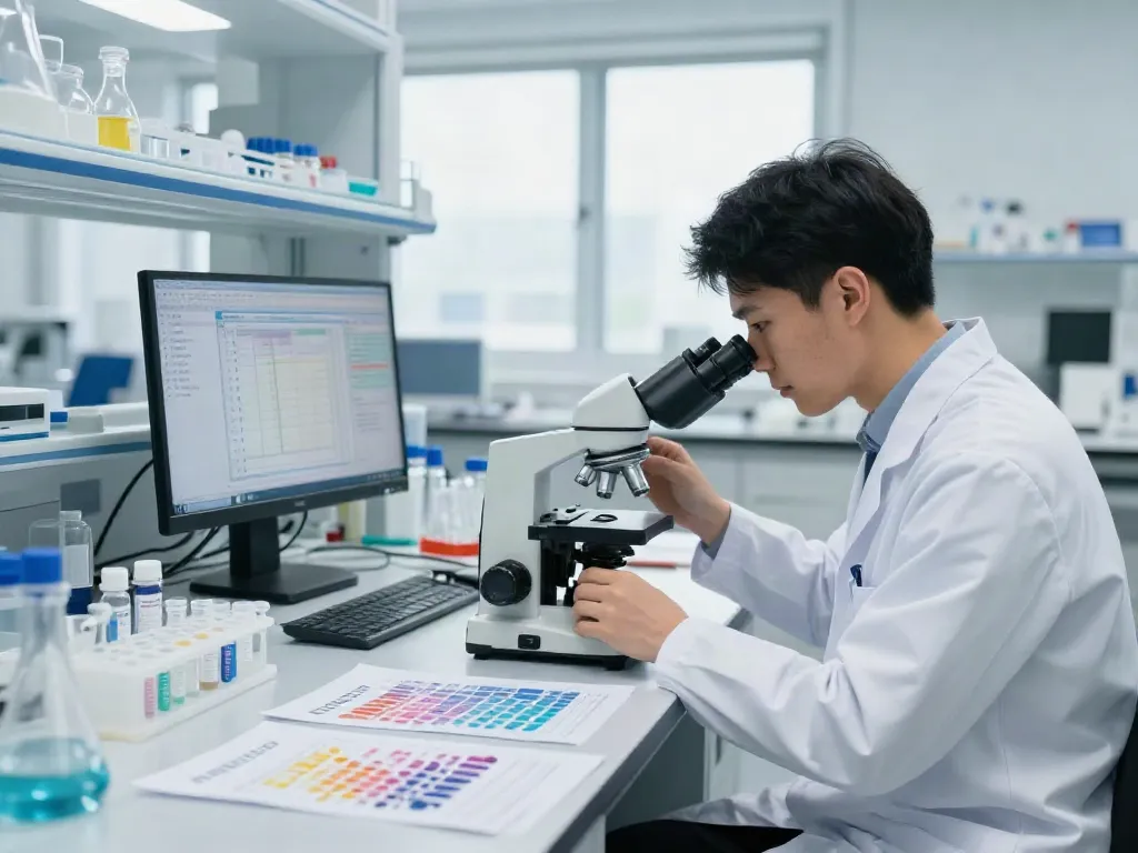 Scientist examining peptide samples in a modern lab, addressing whether are peptides expensive.