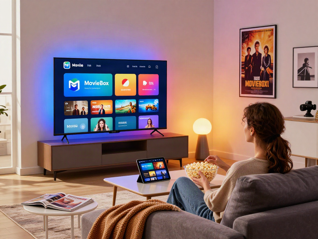 A cozy living room scene featuring the Moviebox app on a smart TV, with a person relaxing on a couch.