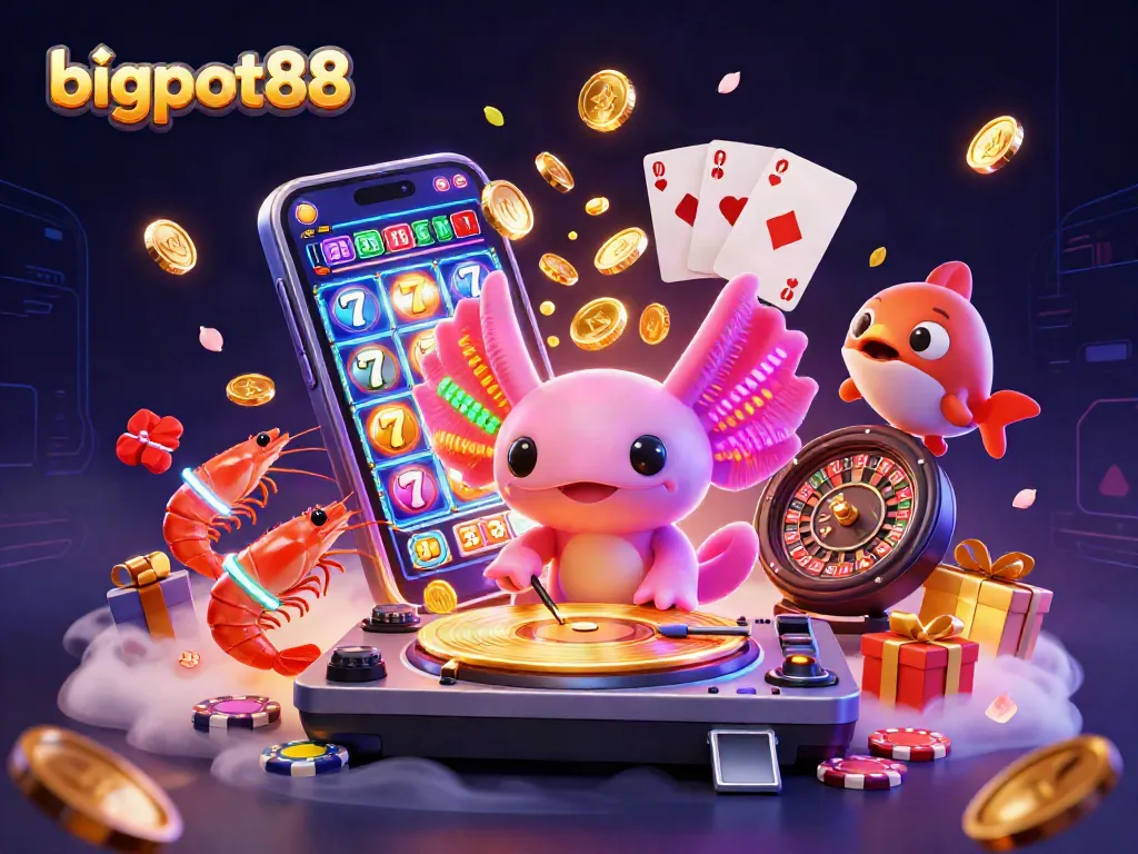 bigpot88 menghidupkan suasana kasino dengan DJ axolotl neon dan elemen permainan slot