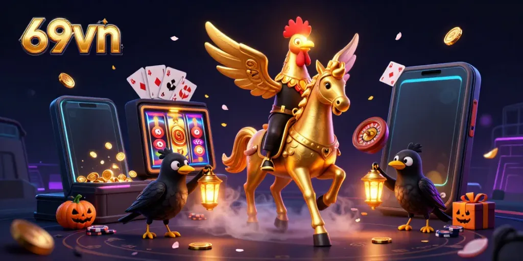 Join the fun at 69vn with an illustration of the golden rooster character amidst a vibrant casino.