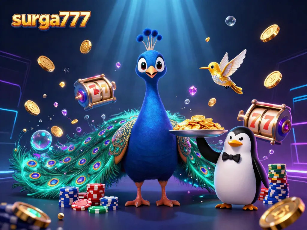 Experience the excitement of surga777 with vibrant 3D casino illustrations of animated characters and gaming elements.