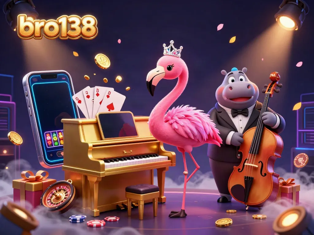 Engage with bro138 through vibrant 3D casino scene featuring colorful slot games and lively characters.