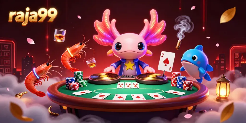 Experience the vibrant excitement of raja99's casino atmosphere with a neon axolotl DJ and poker elements.