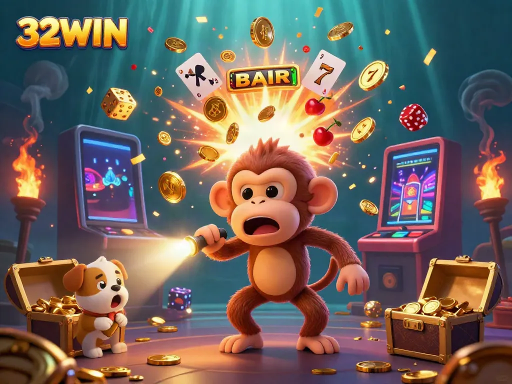 Experience thrilling online gaming at 32WIN with a vibrant casino scene featuring playful characters and magical treasures.