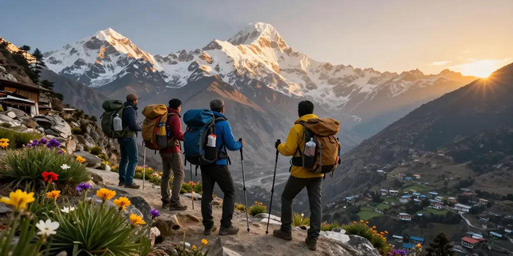 Manaslu Trek adventure with hikers overlooking Himalayan peaks at sunset.