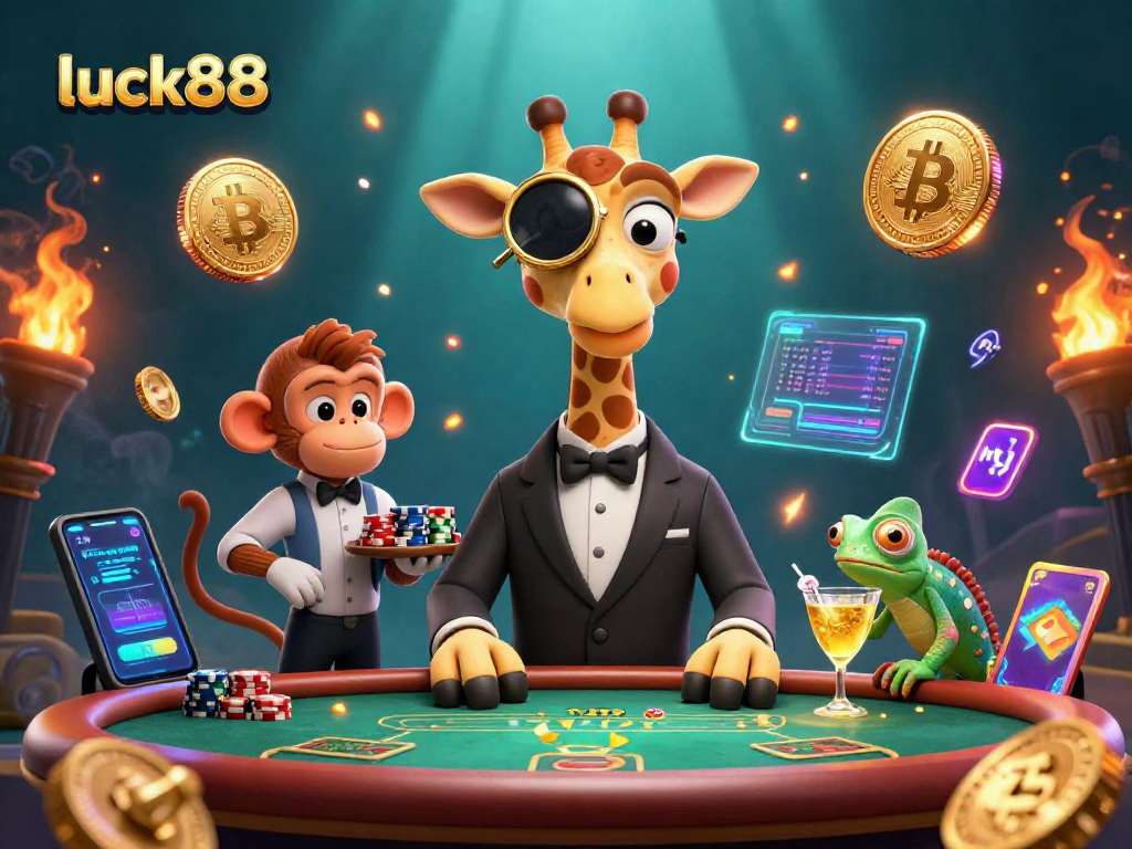 Engage in the excitement of luck88 with a vibrant casino scene featuring a giraffe and monkey amidst crypto elements.