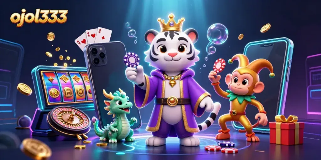 Experience ojol333 with a dynamic illustration featuring a tiger, monkey, and dragon in an online gaming scene.