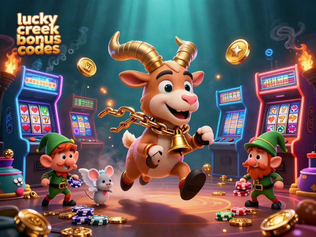 Engage with lucky creek casino bonus codes through festive illustrations of a Krampus goat and mischievous elf gremlins in a vibrant casino.