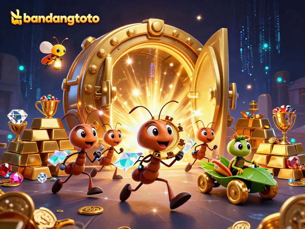 Experience the excitement of bandungtoto with animated ants heisting a massive poker chip amidst treasures.