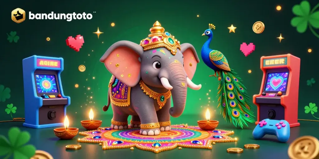 Engage with bandungtoto's colorful 3D illustration depicting a Diwali-themed elephant, peacock, and dynamic casino game elements.