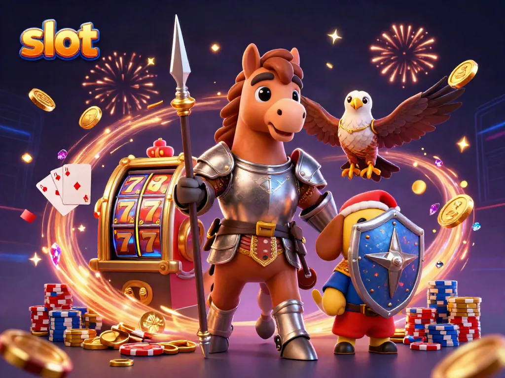 Membangkitkan semangat kasino dengan karakter slot, koin emas, dan efek confetti.