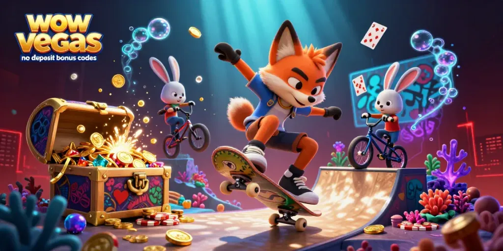 wow vegas no deposit bonus codes featuring a cartoon fox and rabbit surrounded by casino-themed elements