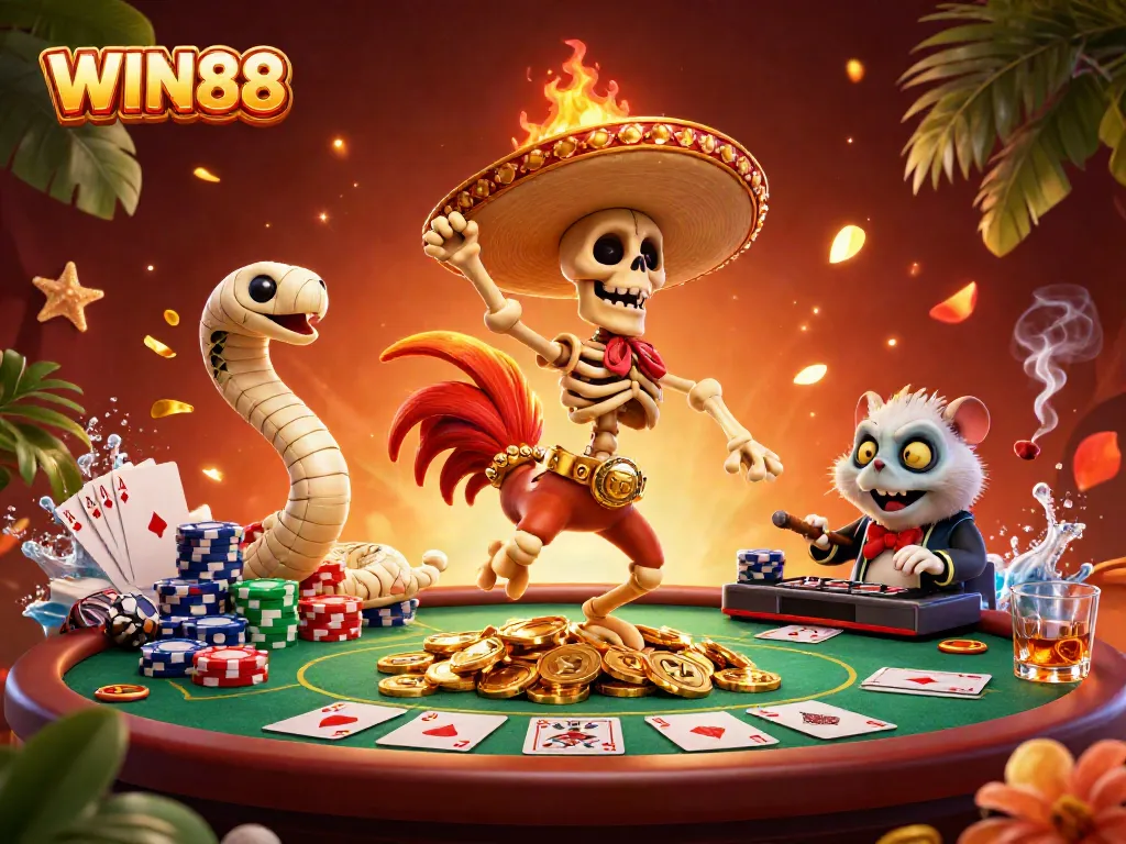 Spin to win with WIN88 in a vibrant casino scene featuring colorful poker elements.