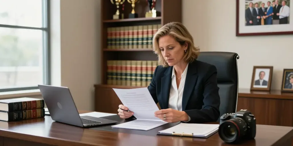 Karen McCleave lawyer reviewing legal documents in a professional office setting, showcasing her dedication to service and community.