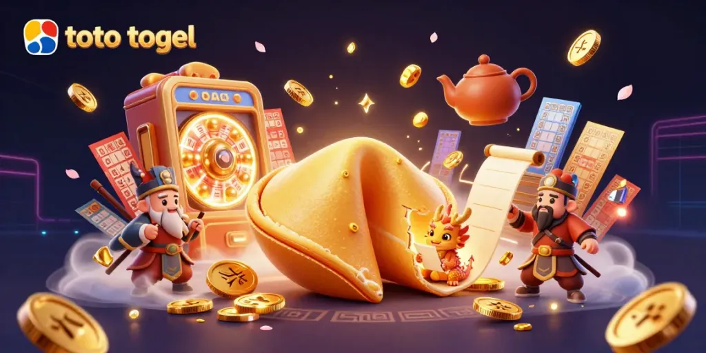 Experience thrilling toto togel action with enchanted fortune cookie and wise dragon amid gold and luck.